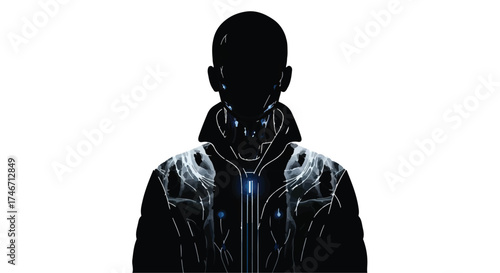 Mysterious figure cloaked in shadow with glowing blue accents, representing technology or the unknown.