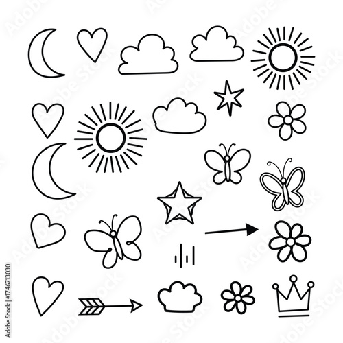 Collection of hand drawn doodle icons featuring celestial bodies hearts flowers butterflies and more on a white background