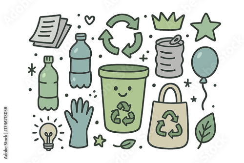 Cute Recycling Icons. Recycling doodle icon set: hand drawn icons of recycle bin with smile, arrows loop, bottle, paper, can,