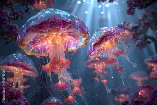 Underwater Luminescence: A captivating underwater scene illuminated by ethereal jellyfish, their bodies shimmering with a spectrum of radiant colors. Experience the magic of the sea.