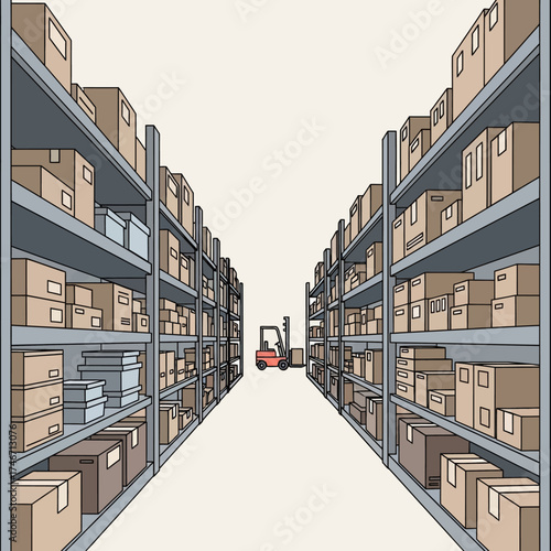 Illustration of a warehouse aisle with tall shelves full of cardboard boxes and a forklift in the distance.