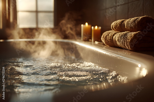 Serene Spa Moment: A steamy, inviting bathtub scene complete with glowing candles and neatly folded towels evokes a sense of relaxation and calm.