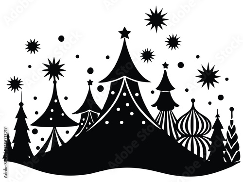 Vector art of silhouette of christmas trees and stars