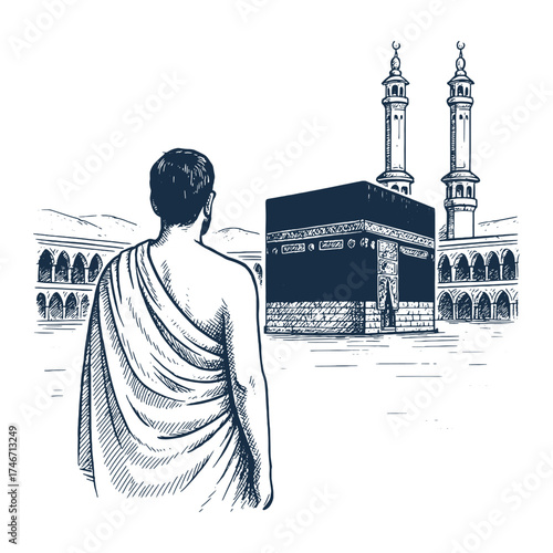 A man in white garments gazing at the Kaaba in Mecca, symbolizing faith, devotion, and spiritual journey.