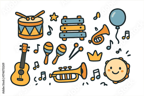 Musical Toy Icons. Musical toys doodle icon set: hand drawn icons of drum, xylophone, trumpet, guitar, maracas, crown, star,