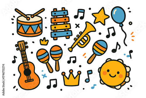 Musical Toy Icons. Musical toys doodle icon set: hand drawn icons of drum, xylophone, trumpet, guitar, maracas, crown, star,