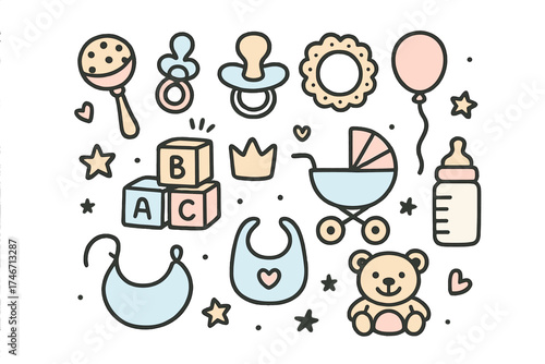 Cute Baby Toy Icons. Baby toys doodle icon set: hand drawn icons of rattle, pacifier, teething ring, blocks, crown, star, balloon,