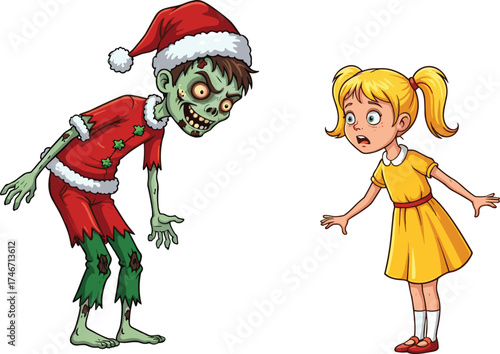 Scary zombie Santa with green skin and frightened blonde girl in yellow dress festive horror Christmas cartoon scene, cad drawing flat vector illustration