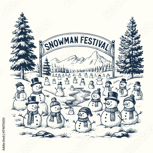 Winter snowman festival scene with cheerful snowmen gathered under a banner surrounded by snowy pine trees.