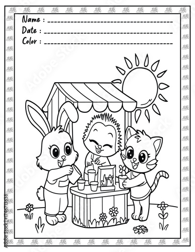 Fluffy Friends Coloring Page & Book for Adults and Kid. High resolution (300 DPI), Ready to print on standard 8.5x11-(A4) inch paper With (No Bleed), Black and White. Vector illustration