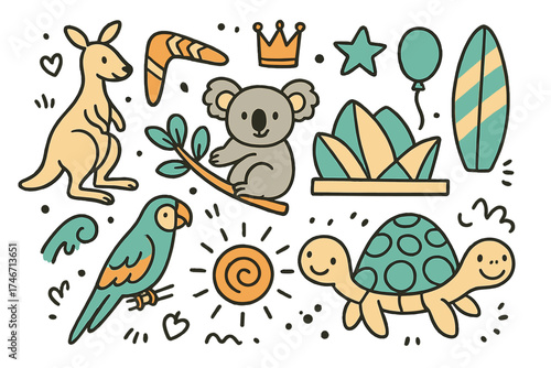 Australia Travel Icons. Australia travel doodle icon set: hand drawn icons of kangaroo, koala, boomerang, opera house, surfboard,