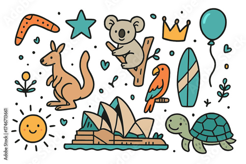 Australia Travel Icons. Australia travel doodle icon set: hand drawn icons of kangaroo, koala, boomerang, opera house, surfboard,