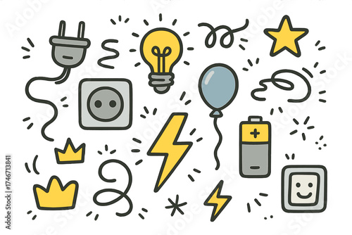 Electricity Doodle Icons. Electricity doodle icon set: hand drawn icons of plug, socket, light bulb, wire, crown, star, balloon,