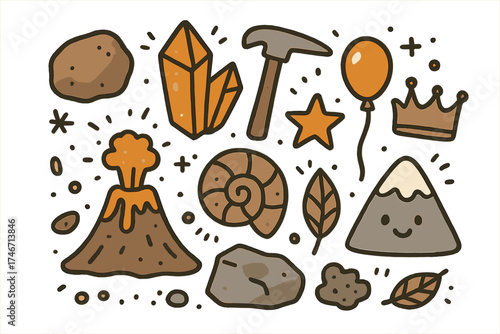 Geology Doodle Icons. Geology doodle icon set: hand drawn icons of rock, crystal, hammer, fossil, volcano, crown, star, balloon,