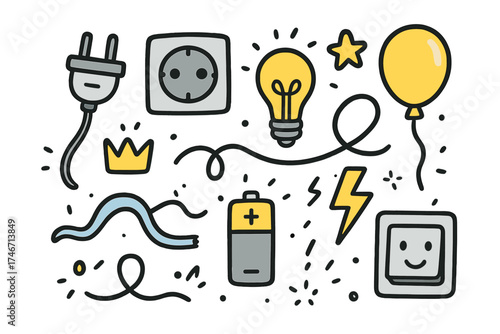 Electricity Doodle Icons. Electricity doodle icon set: hand drawn icons of plug, socket, light bulb, wire, crown, star, balloon,