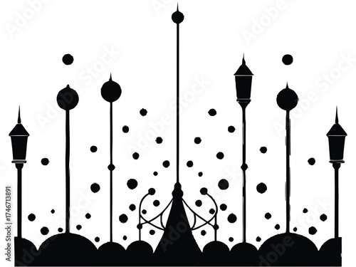 Vector art of a silhouette of a fantasy cityscape with lights