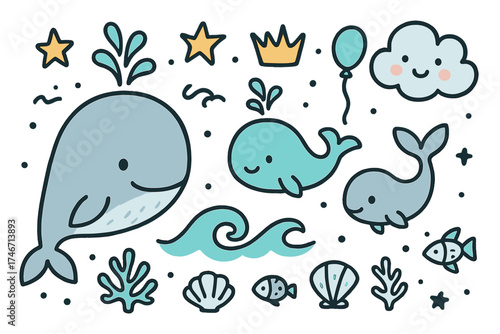 Whale Family Icons. Whale family doodle icon set: hand drawn icons of whale, baby whale, wave, crown, star, balloon, coral, shell,