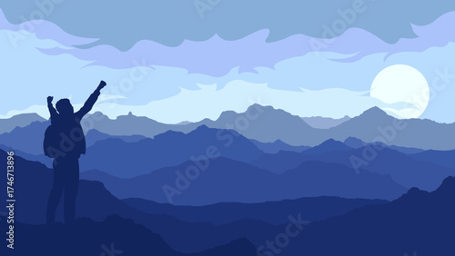 Mountains landscape with high peaks, Happy man freedom in nature successful concept