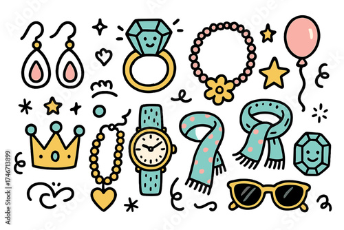 Cute Accessories Doodle Set. Accessories doodle icon set: hand drawn icons of earrings, ring, necklace, bracelet, crown, star,