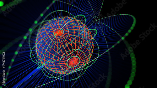 Abstract big data sphere with grid circles in 3D digital cyberspace data defocus. Quantum computing concept on dark background. Blockchain from circles points сoncept. Artificial intelligence design.