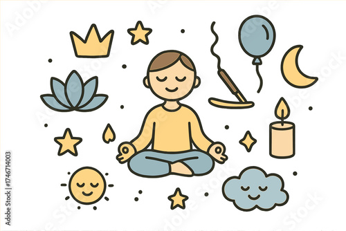 Meditation Icon Set. Meditation doodle icon set: hand drawn icons of person meditating, lotus pose, incense, candle, crown, star,