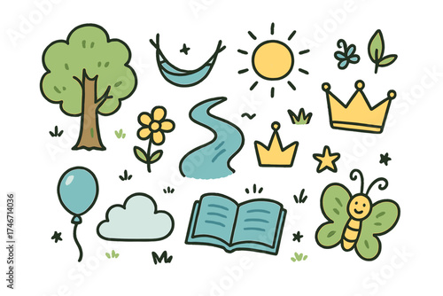 Nature Relaxation Icons. Nature relax doodle icon set: hand drawn icons of tree, sun, river, hammock, flower, crown, star, balloon