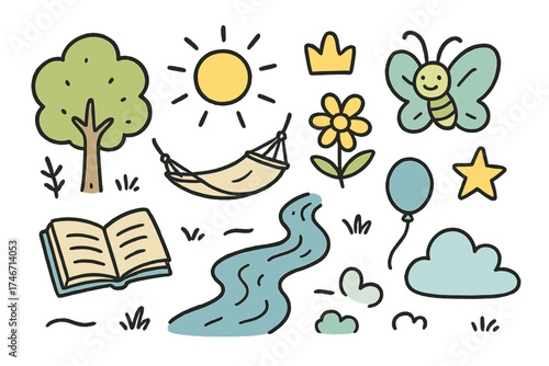 Nature Relaxation Icons. Nature relax doodle icon set: hand drawn icons of tree, sun, river, hammock, flower, crown, star, balloon