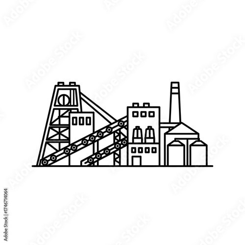 Industrial complex illustration depicting mining operations and processing plant.