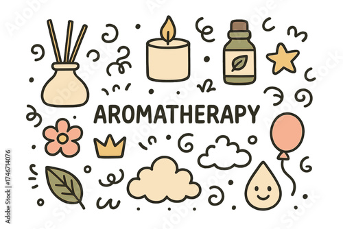 Aromatherapy Doodle Icons. Aromatherapy doodle icon set: hand drawn icons of diffuser, candle, oil bottle, flower, crown, star,