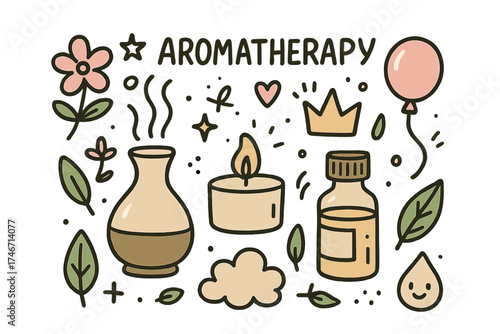 Aromatherapy Doodle Icons. Aromatherapy doodle icon set: hand drawn icons of diffuser, candle, oil bottle, flower, crown, star,
