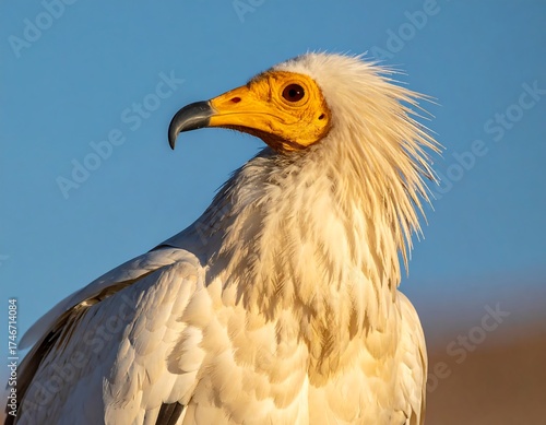 Close-up of a bird with cream-colored plumage, a vibrant yellow face, and piercing amber eyes, set against a clear blue sky