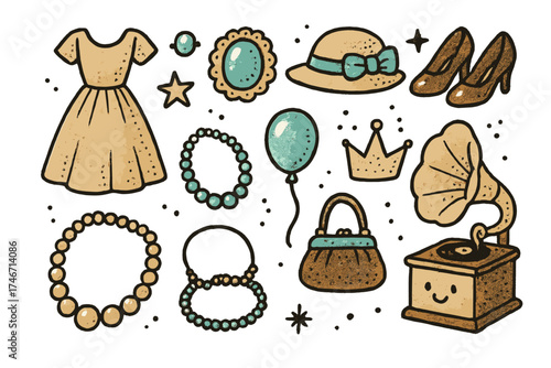 Vintage Fashion Icons. Vintage fashion doodle icon set: hand drawn icons of retro dress, brooch, hat, shoes, crown, star, balloon,