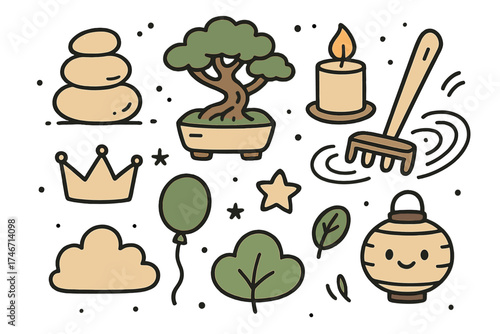 Zen Garden Doodle Icons. Zen garden doodle icon set: hand drawn icons of stones, rake, bonsai, candle, crown, star, balloon, cloud