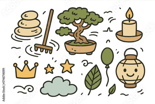Zen Garden Doodle Icons. Zen garden doodle icon set: hand drawn icons of stones, rake, bonsai, candle, crown, star, balloon, cloud