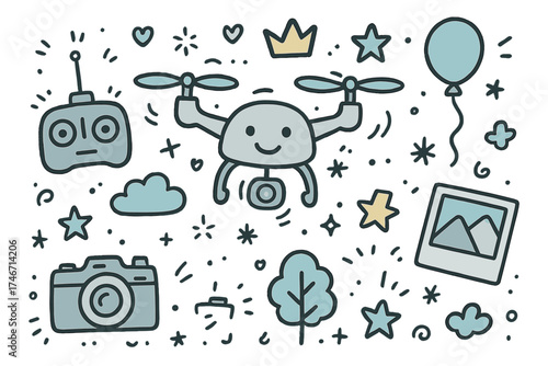 Drone Doodles. Drone doodle icon set: hand drawn icons of drone with smile, remote control, camera, crown, star, balloon, cloud,