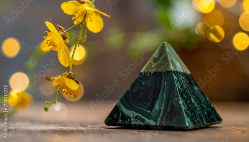 Close-up of a pyramid-shaped decorative object. Soft focus background with yellow flowers and warm, glowing bokeh lights