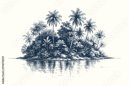 Small tropical island with palm trees surrounded by calm sea waves under bright sunlight.