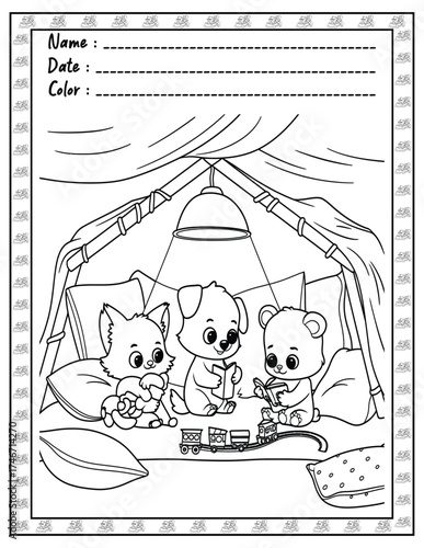 Fluffy Friends Coloring Page & Book for Adults and Kid. High resolution (300 DPI), Ready to print on standard 8.5x11-(A4) inch paper With (No Bleed), Black and White. Vector illustration