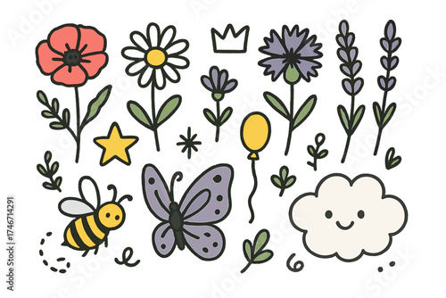 Cute Wildflowers Icons. Wildflowers doodle icon set: hand drawn icons of poppy, daisy, cornflower, lavender, crown, star, balloon,