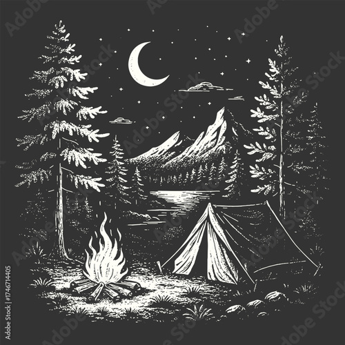A peaceful mountain campsite at night under the crescent moon with a glowing campfire surrounded by pine trees.
