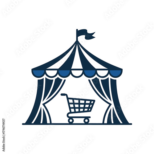 Minimalist navy blue tent logo design with shopping cart symbol commerce concept