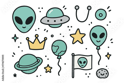 Alien Doodle Icons. Alien doodle icon set: hand drawn icons of alien head, spaceship, antenna, planet, crown, star, balloon, flag,
