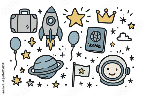 Space Travel Doodles. Space travel doodle icon set: hand drawn icons of suitcase, rocket, passport, crown, star, balloon, planet,