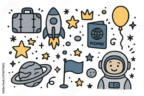 Space Travel Doodles. Space travel doodle icon set: hand drawn icons of suitcase, rocket, passport, crown, star, balloon, planet,