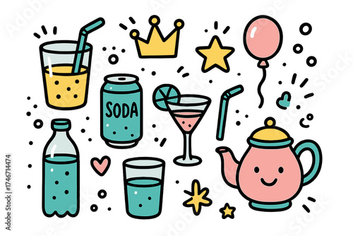 Whimsical Drink Icons. Drinks doodle icon set: hand drawn icons of juice, soda, water, cocktail, crown, star, balloon, straw,