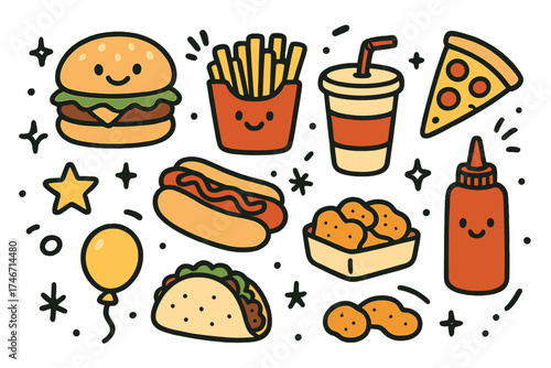 Cute Fast Food Doodles. Fast food doodle icon set: hand drawn icons of burger with smile, fries, soda, hotdog, pizza slice, crown,