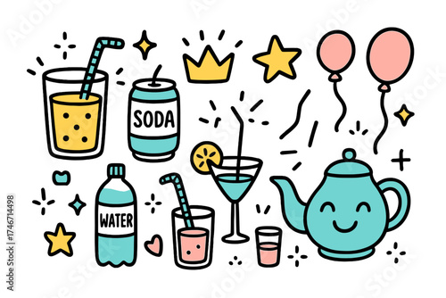 Whimsical Drink Icons. Drinks doodle icon set: hand drawn icons of juice, soda, water, cocktail, crown, star, balloon, straw,