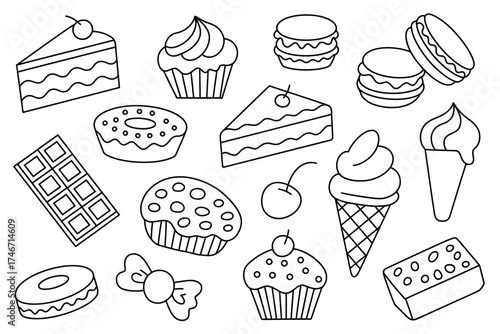 Delicious desserts collection black and white line art of sweets and pastries