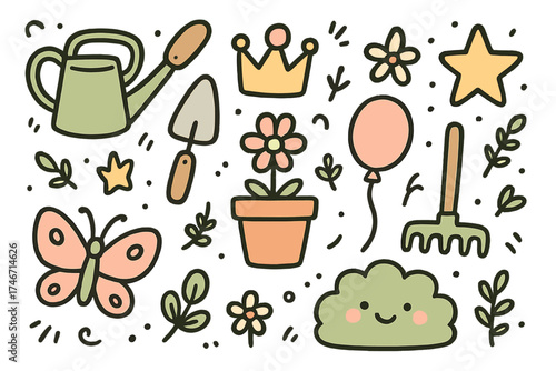 Garden Doodle Icons. Garden doodle icon set: hand drawn icons of watering can, shovel, flower pot, crown, star, balloon, butterfly
