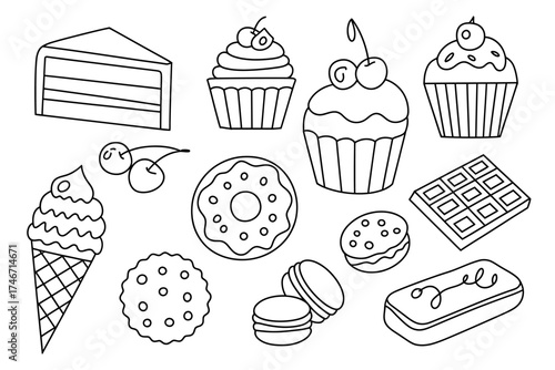 Delicious sweet treats line art collection featuring cakes cookies ice cream and more